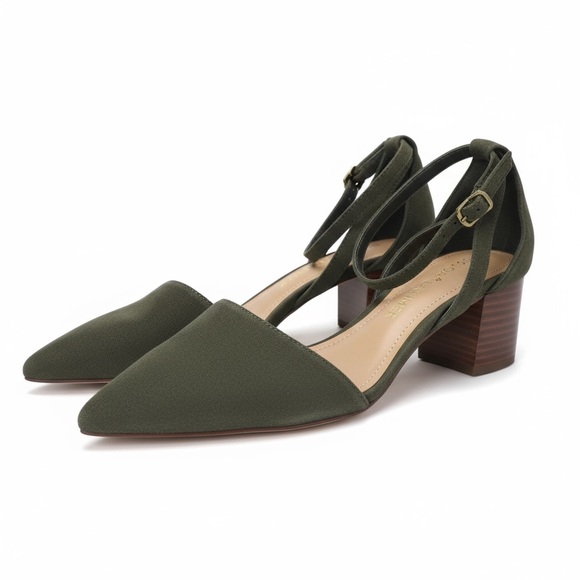 Gibson & Latimer Olive Suede Block Heel Pumps | Pointed Toe Ankle Strap | 6.5M - Picture 1 of 10
